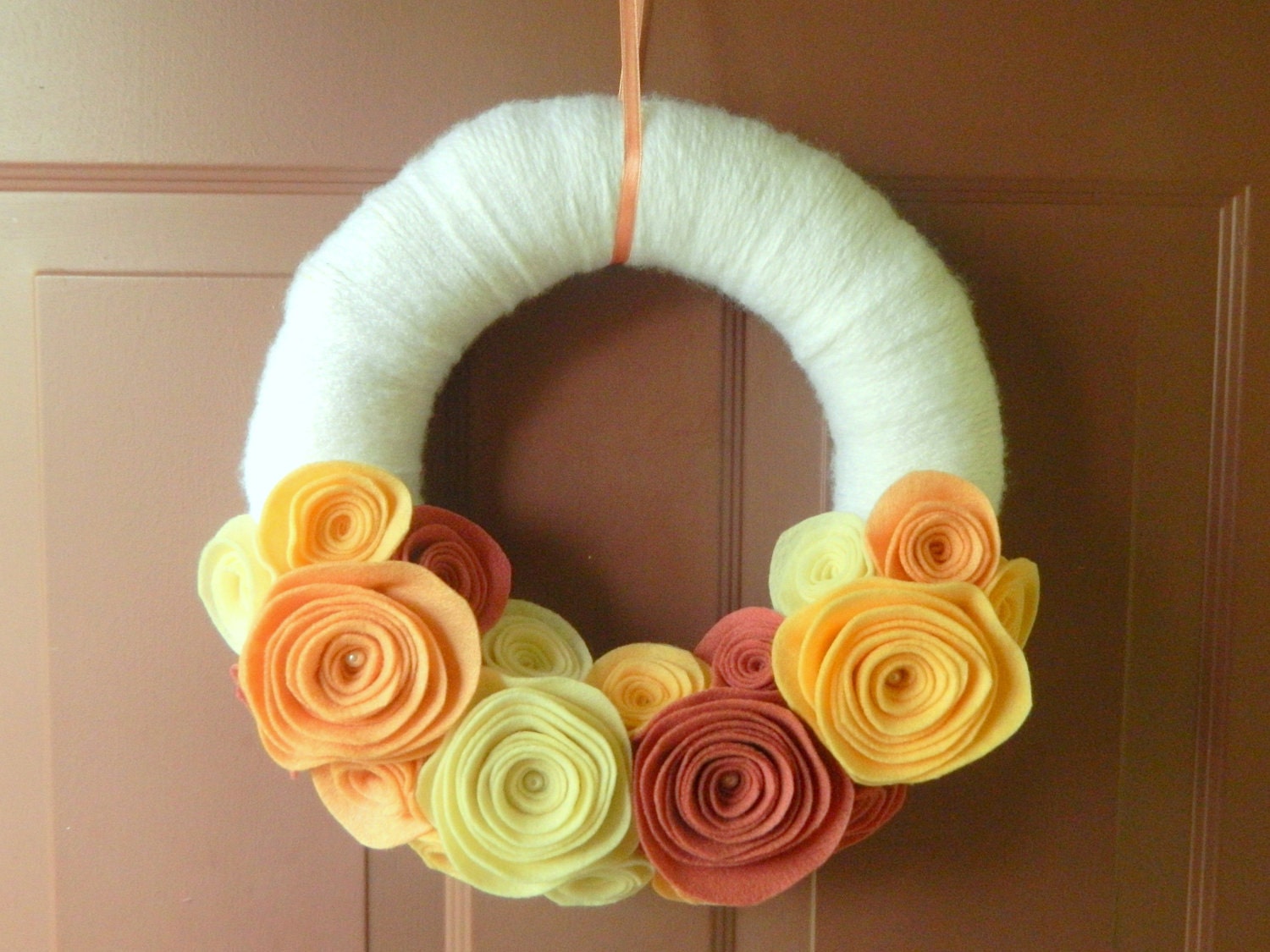 Summer Wreath - White Yarn Wrapped Felt Flower Wreath with Peach and Rose Colored Flowers and Pearls