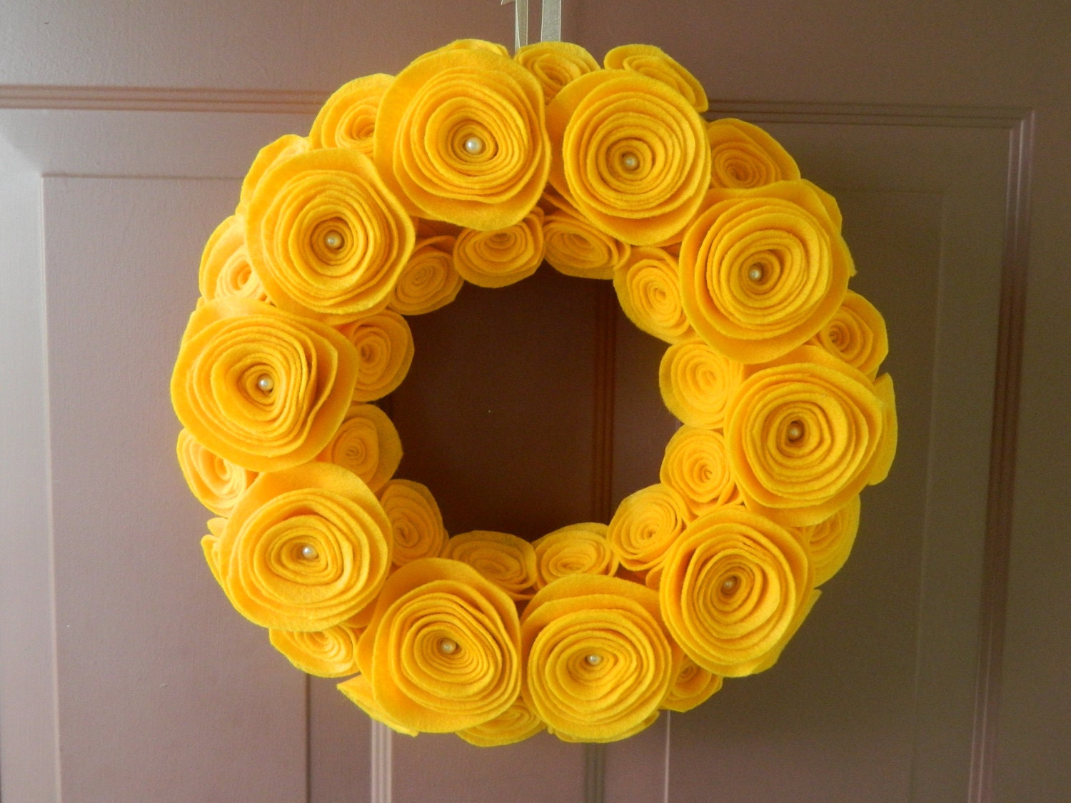 Summer Wreath - 12 Inch - Bright Yellow Gold Wreath made from Felt Flowers with Pearls in the Center