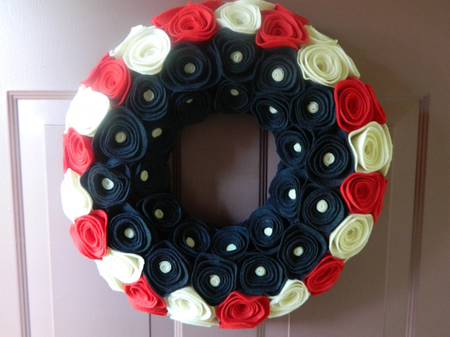 Flag Wreath - Summer Patriotic Decoration - Red White and Blue Felt Flower Wreath - 18 inch