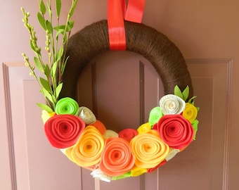 Spring Wreath, Summer Wreath, Bright Wreath - Wrapped in Yarn with Multi Color Felt Flowers and Book Page Flowers