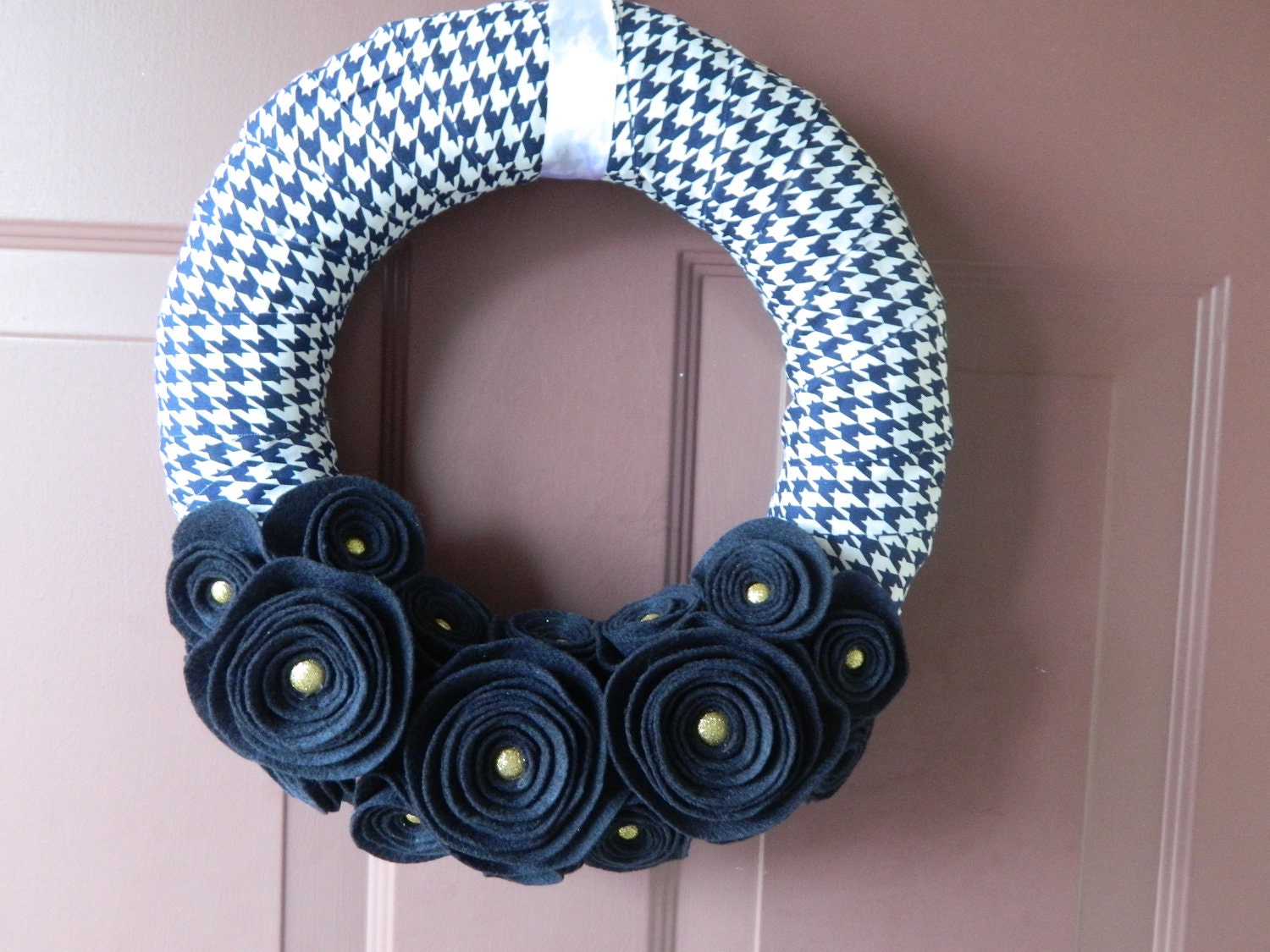 Nautical Wreath - Easter - Spring - 12 Inch Houndstooth Fabric Wrapped Wreath with Navy Felt Flowers and Gold Accents