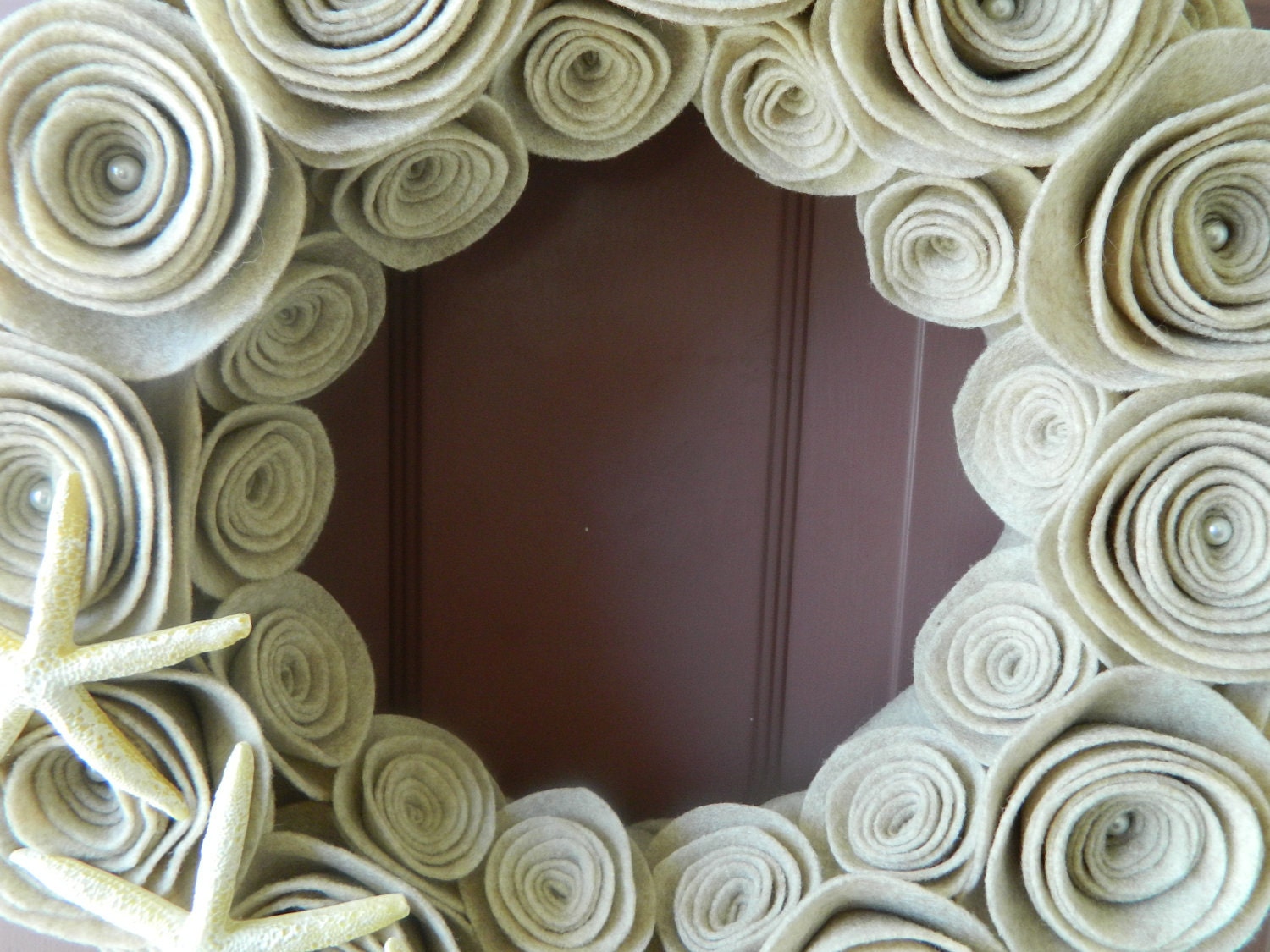 Summer Wreath - Beach Wreath - 14 Inch Felt Flower Wreath in Sandstone with Pearls and Starfish