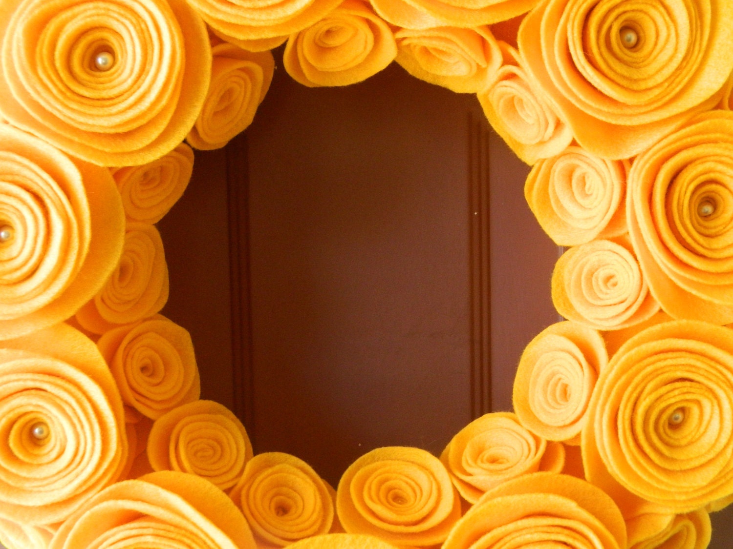 Spring Wreath - Summer Wreath - Bright Felt Flower Wreath in Gold with Pearls in the Large Flowers