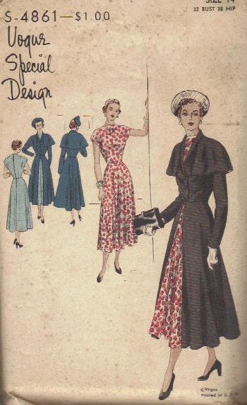 Vogue Special Design 1940s Sewing Pattern Day Dress High Neck Cap Sleeves Redingote Coat Cape Shoulders Petticoat Bust 32 Rare