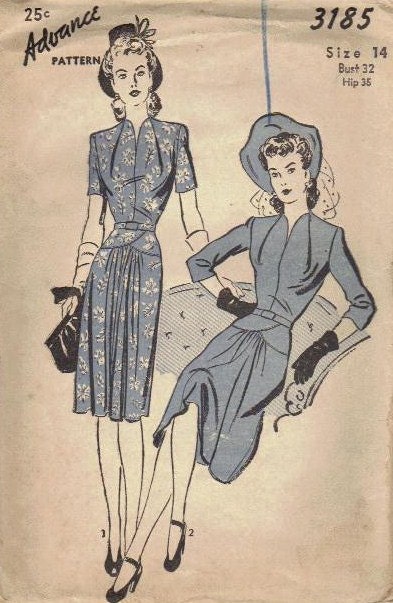 Vintage Advance 1940s Sewing Pattern Day Dress Draped Neckline Skirt Short Sleeve Blouse Belted Bust 32 Hip 35