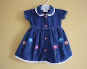 Vintage 1980s  blue denim dress with flower applique and lace trim 3-6 months