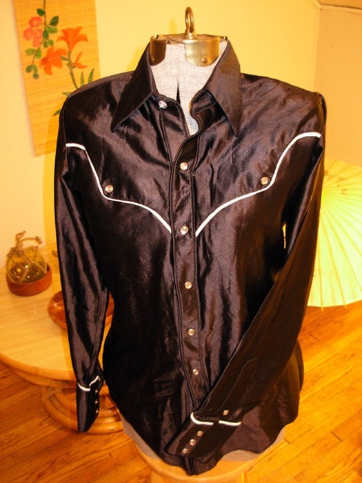 SALE -- 50s-60s Rockmount Ranchwear black satin western shirt with white piping
