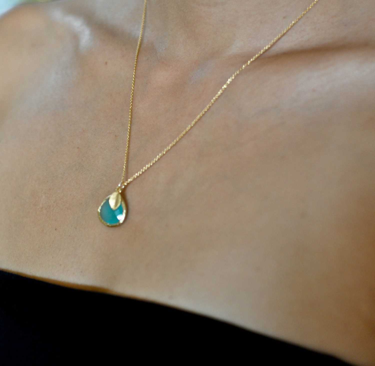 Fiji--Aquamarine Pendant with a Gold Leaf, Simple Gold Necklace, Bridesmaids Gifts, Wedding gifts, Mother's Day Gifts