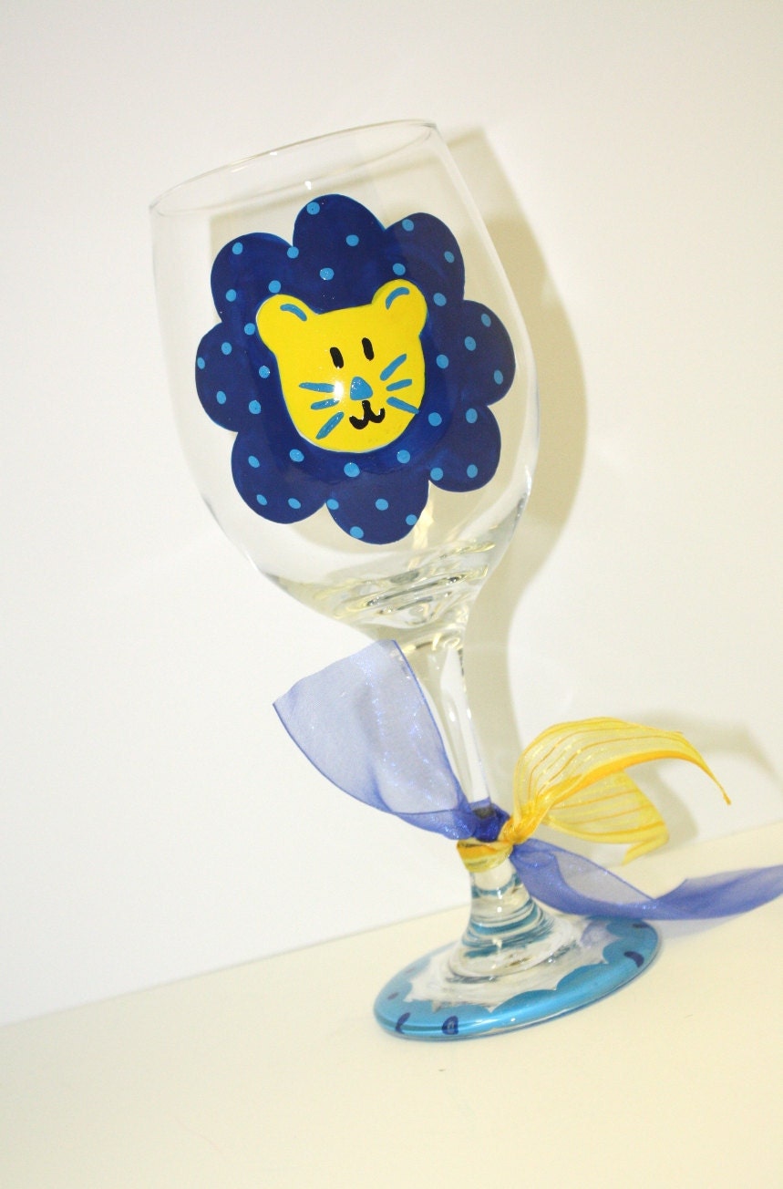Sorority Alpha Delta Pi ADPi Lion Hand Painted Wine Glass