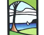 Original Linocut of Seascape with Sailboat By Ken Swanson