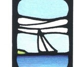 Original Linocut of Seascape with Sailboat By Ken Swanson