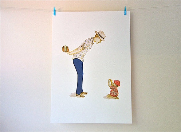 art work, illustration of dad and baby, A4 print, collage and watercolour, fits 8 x 10" frame