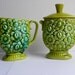 Olive Green Vintage Cream Sugar Set Flower Daisy Ceramic Floral