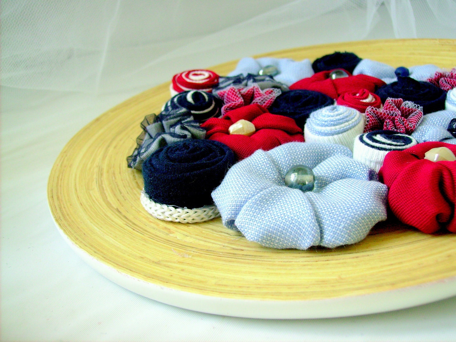 Red navy wooden centerpiece fabric flowers home decoration ornament - ready to ship