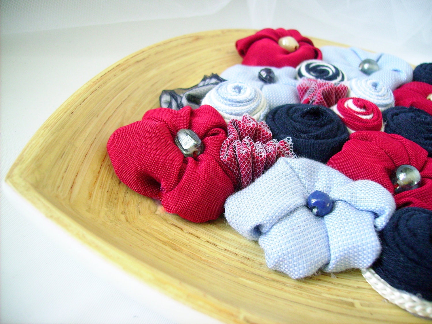 Red navy wooden centerpiece fabric flowers home decoration ornament - ready to ship