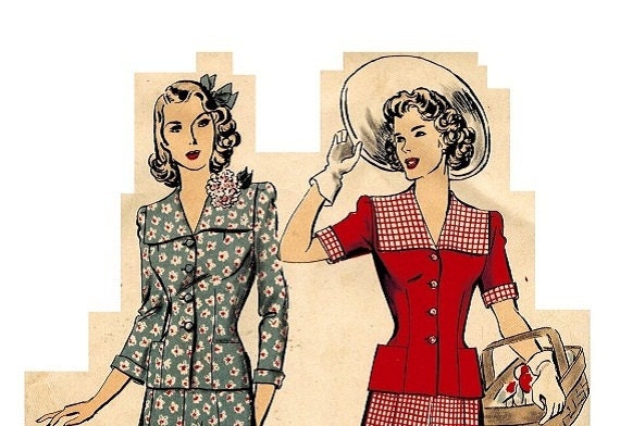 Hollywood 1139 Vintage 1940s Lovely Two Piece Dress (or Suit) with Inverted Pleat Skirt and Jacket Style Blouse Bust 36