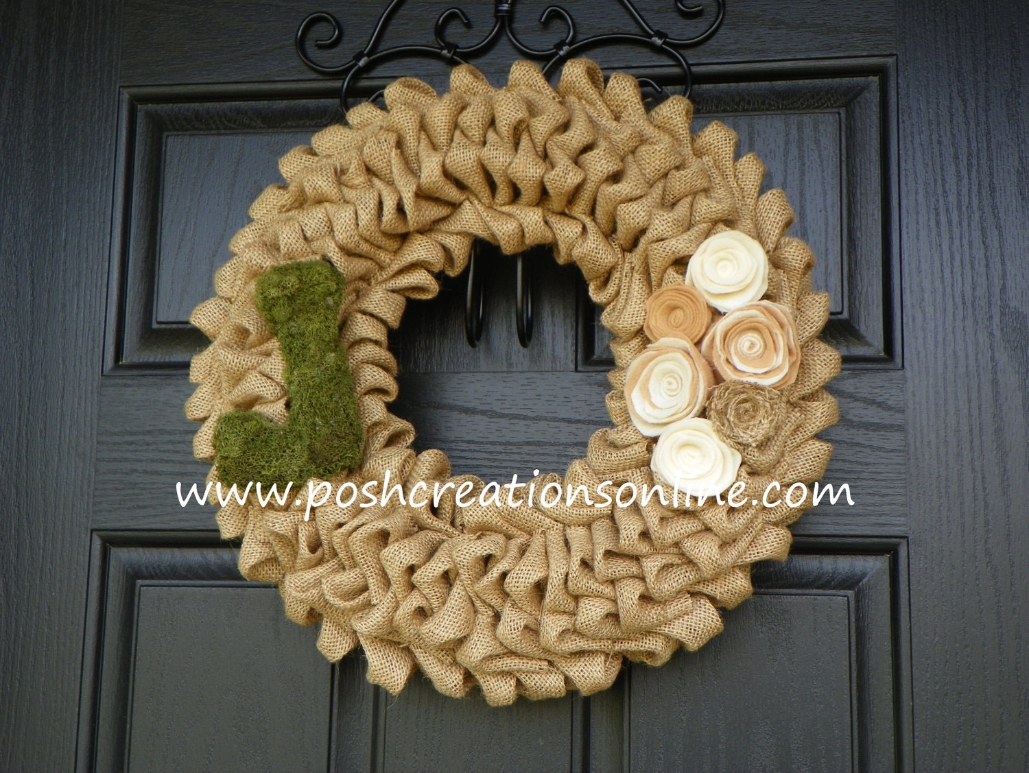 Shabby Chic Burlap Wreath,  Handmade Flowers, 21x21, Custom Moss Initial, Moss Letter, Moss Letter Wreath, Burlap Wreath