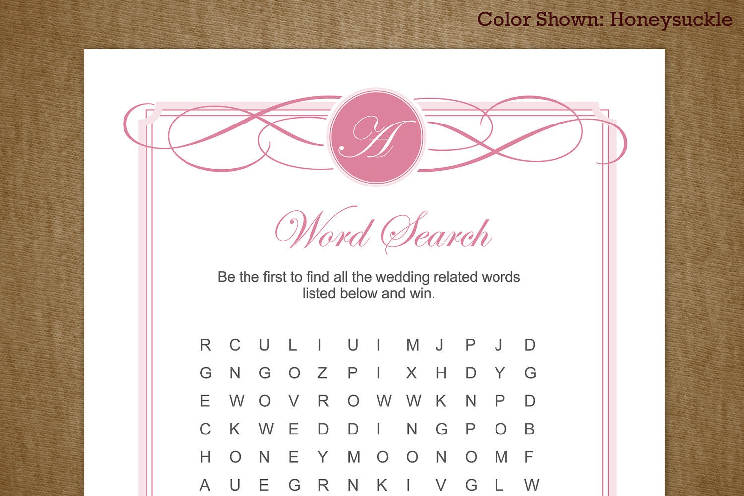 Monogram Bridal Wedding Shower Printable Custom Game: Word Search