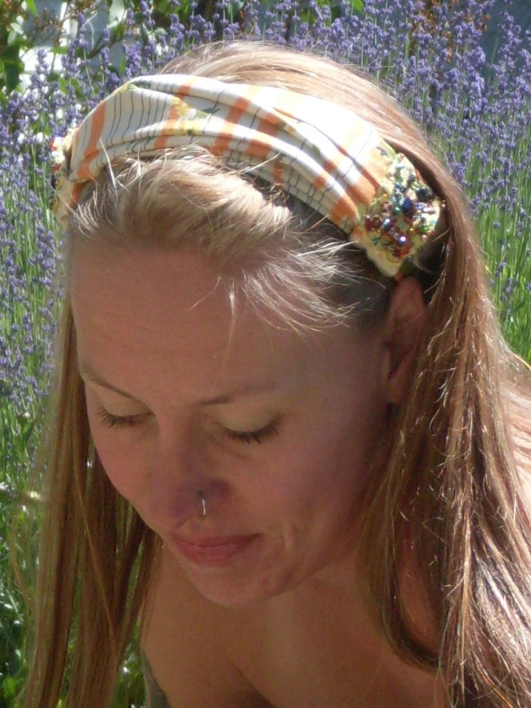 Outrageously Awesome Orange Yellow Beaded Boho Bandeau Headband Head Wrap