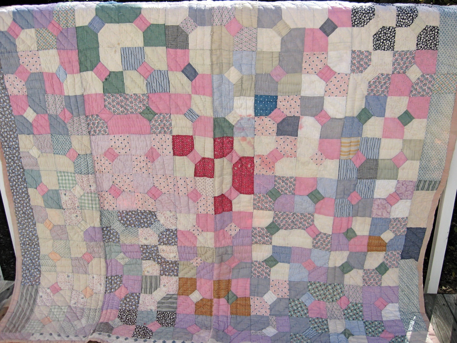 Vintage Shabby Chic Handmade Crazy Quilt 73"x63"  with pastel colors
