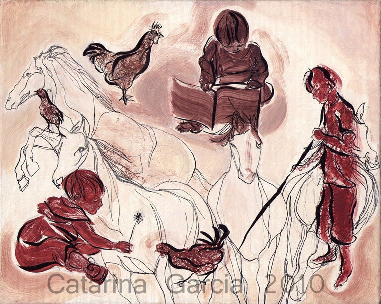Original Horses and Children Fluid Lines Painting Print