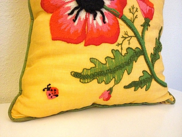 spring floral pillow - bright yellow red green black ladybug poppy embroidery crewel