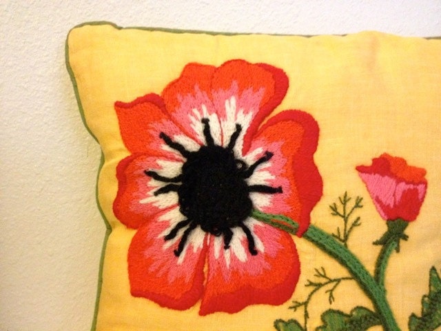spring floral pillow - bright yellow red green black ladybug poppy embroidery crewel