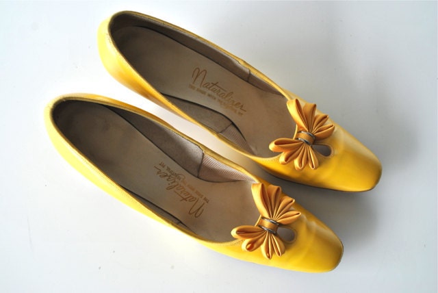 Reserved for Karen - Bright yellow vintage heels mustard color patent leather