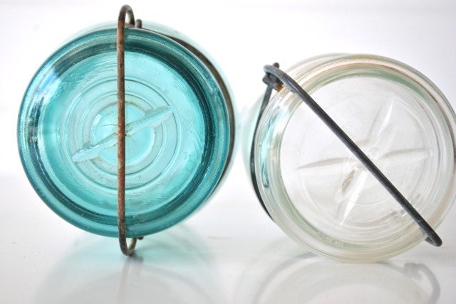 Ball aqua blue mason jar and Atlas brand clear jar EZ Seal