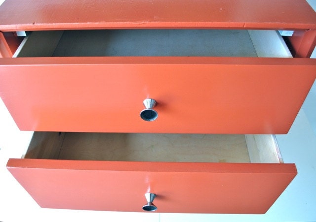 Mid century side table with drawers dark coral