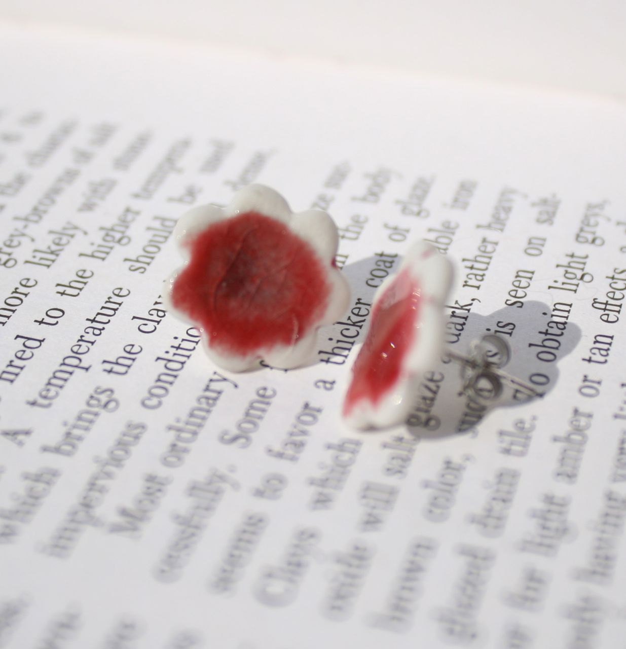 Earrings, stud, red flower, porcelain ceramic