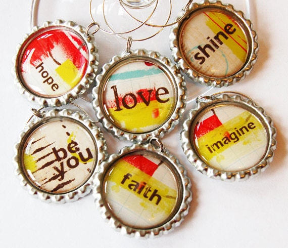 Wine Glass Charms, Wine Charms, Bottlecap wine charm, Love, Hope, Faith, Imagine, Shine, Be You