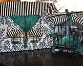 Minky Dog Crate Cover With Side Window in Classic Luxurious Black and White Pattern Minky and Black and White Stripe Minky with Green Accent
