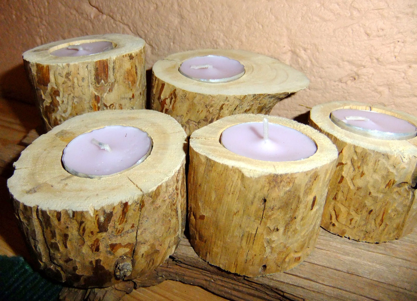 Mini Wood Tea Light Candle Home made Holders with Scented Tea Light Candles