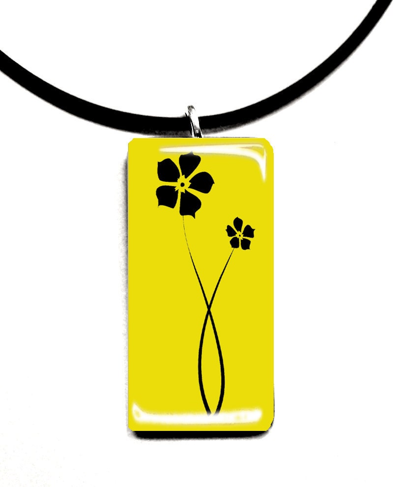 Summertime, Bumble Bee, Bright Yellow, flowers, rectangle, glass tile pendant, handmade, wearable art, yellow and black - StedmanStudio