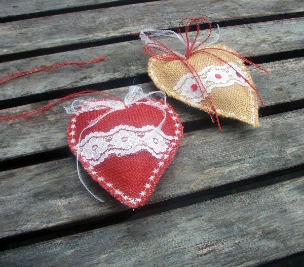 Heart Christmas Ornament in Natural and Red Burlap for holiday home decor, tree decoration, bunting, garlands- set of  2