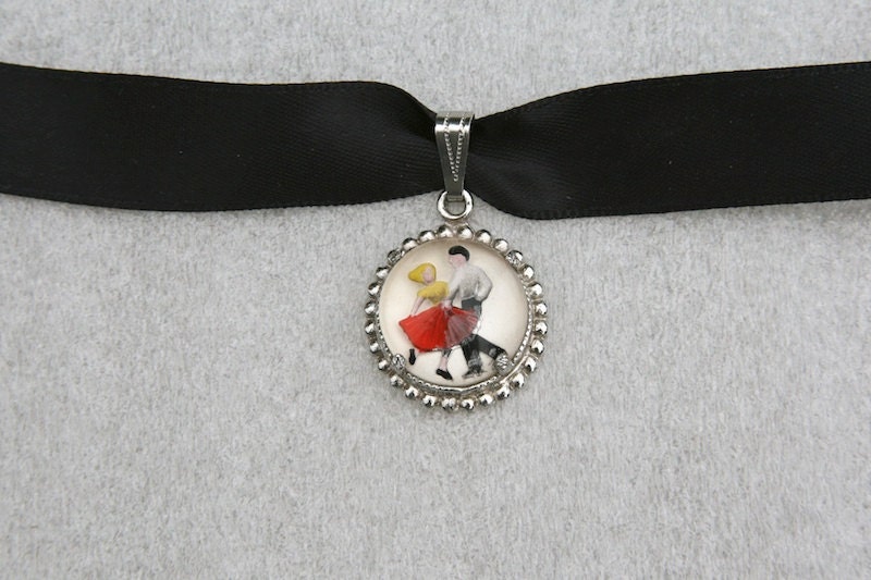 Vintage Square Dancers Pendant Charm - 1960"s unique country dancer silver tone with dome necklace, western choker, cowgirl