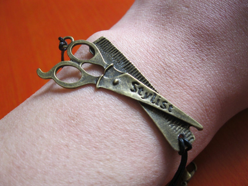 antique bronze scissors, real leather bracelet(gift box package)---B074