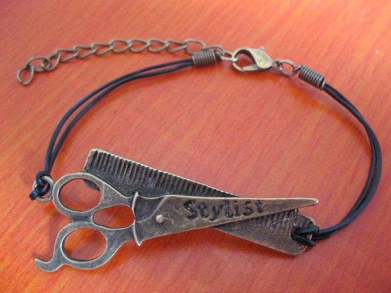 antique bronze scissors, real leather bracelet(gift box package)---B074