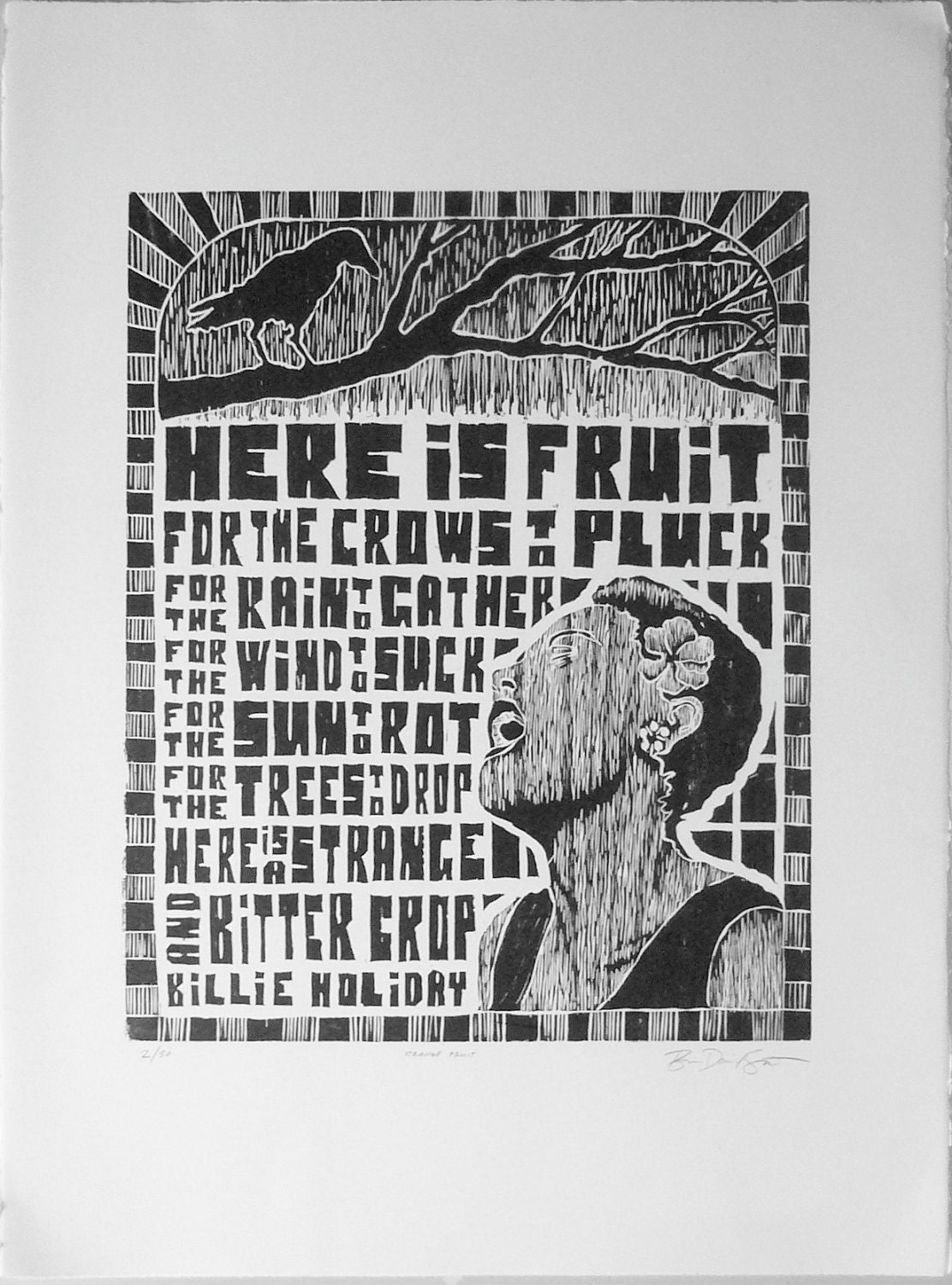 Strange Fruit/Billie Holiday hand-printed, limited edition woodblock print by Brian D Smith