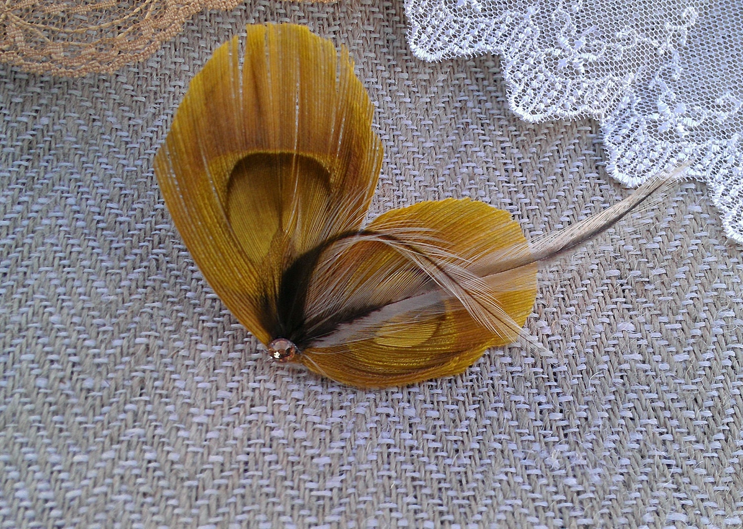 Bridal Feather Hair Piece Petite Peacock Fascinator mustard yellow gold