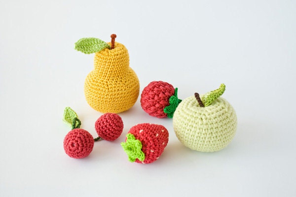 Crochet Baby Rattles Fruit, Set of 5 - apple, pear, raspberry, srawberry, cherry - ecofriendly crochet toys