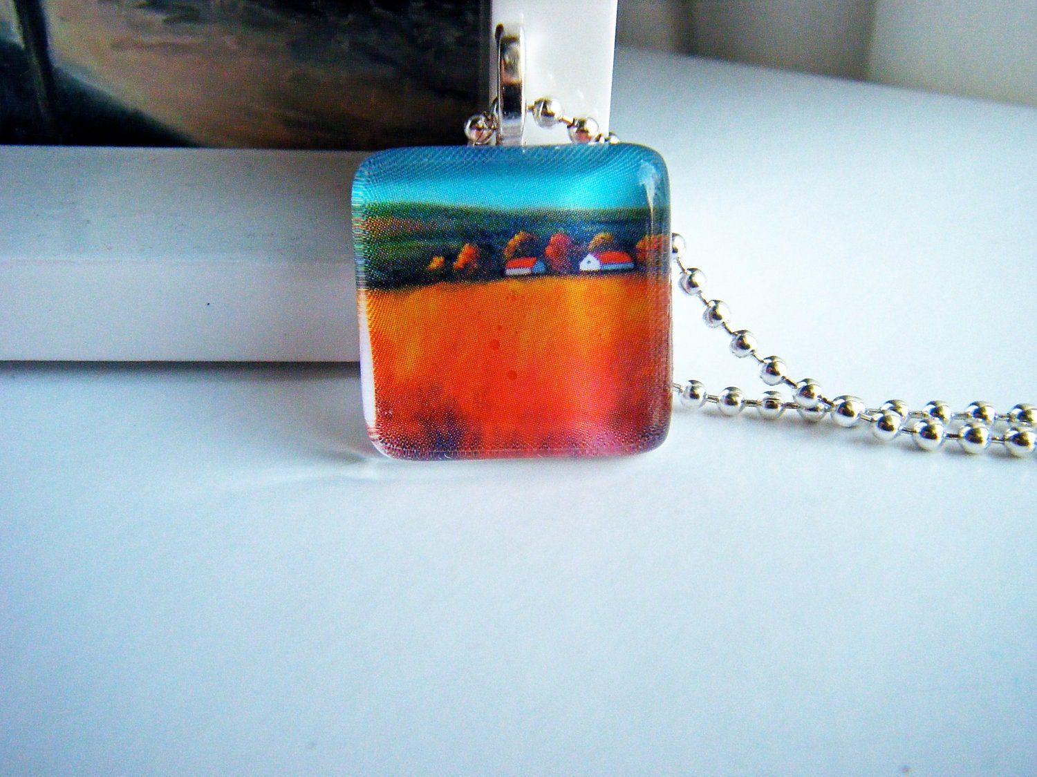 Art Pendant - Print of Original Painting Glass Tile Pendant - Autumn Fields