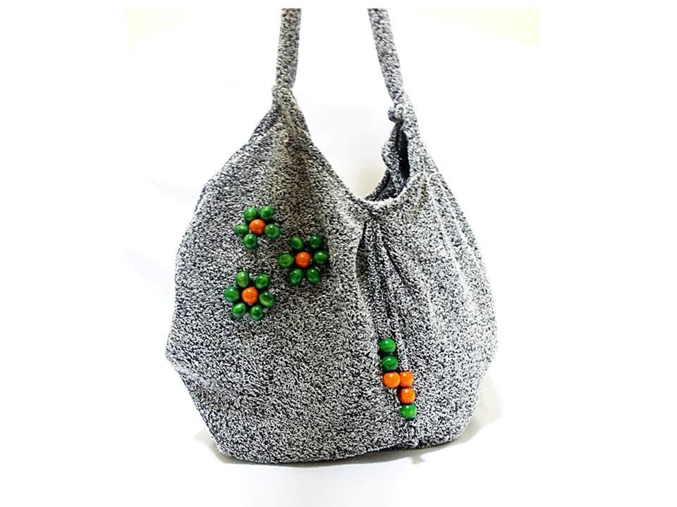 Beautiful Grey Large Cloth Satchel.. Decorated with wood pilling, flower processed above bag. OOAK