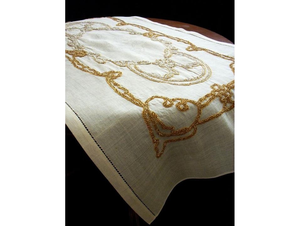 Gorgeous Handmade Runner. Yellow Beads Embroidered On Silk-linen fabric, OOAK
