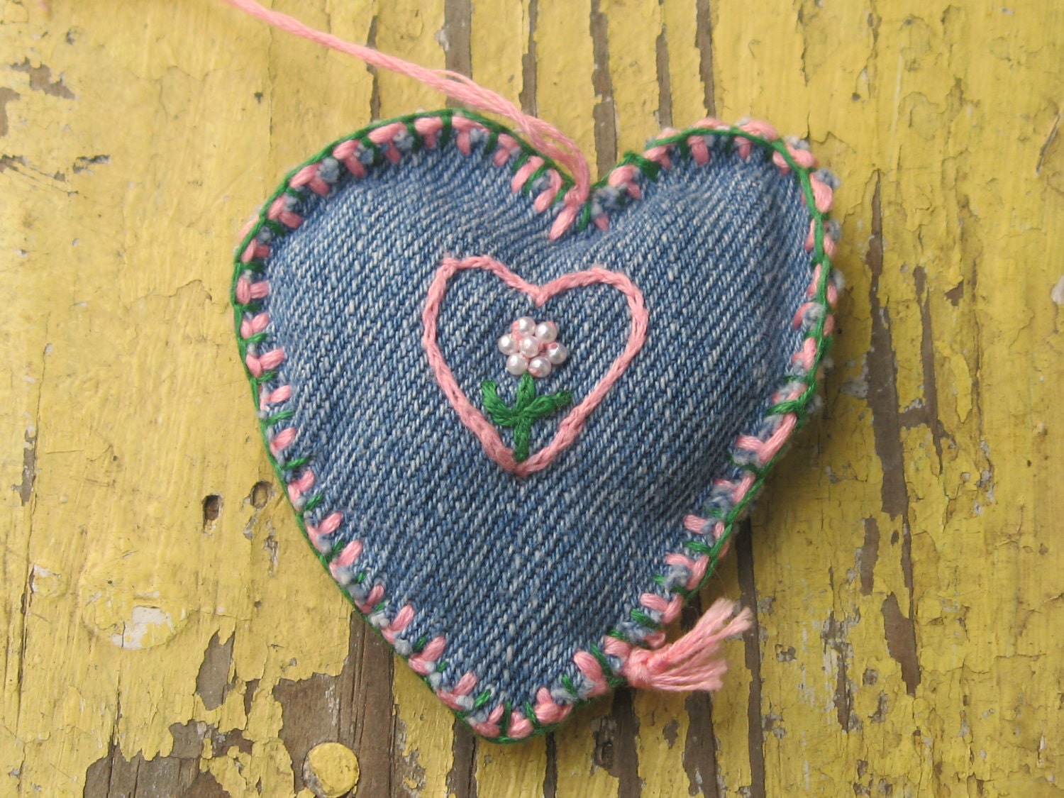 Denim Heart Faux Pearl Flower handmade signed by artist