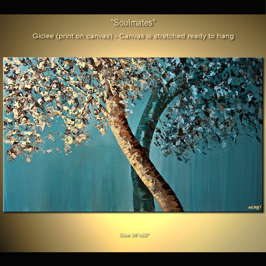 Birch Tree Print - Landscape Canvas Print  Ready to Hang & embellished (brush strokes are added by the artist) Osnat  36x22
