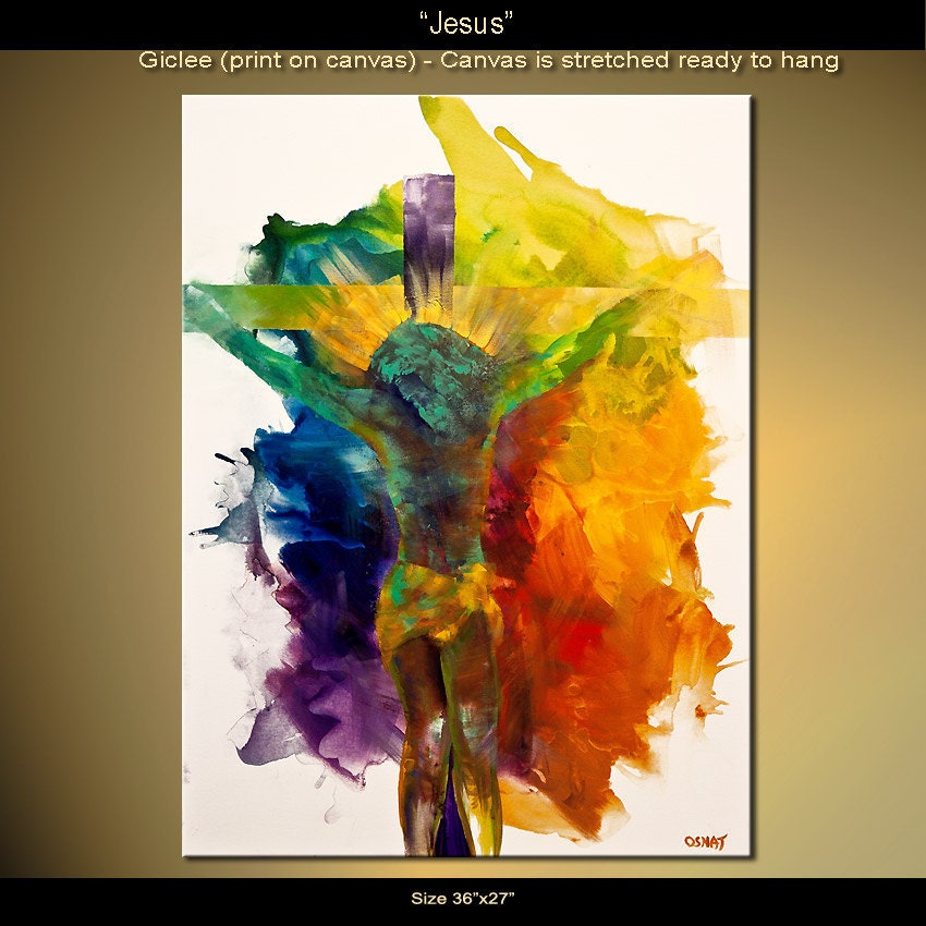 Jesus Print 36"x27"  Colorful Stretched Ready to Hang & embellished (brush strokes are added by the artist) Osnat