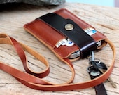 Chocolate brown leather iphone wallet with neck strap