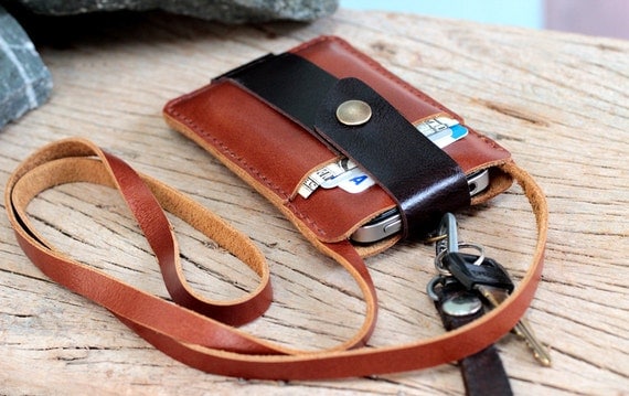 Chocolate brown leather iphone wallet with neck strap
